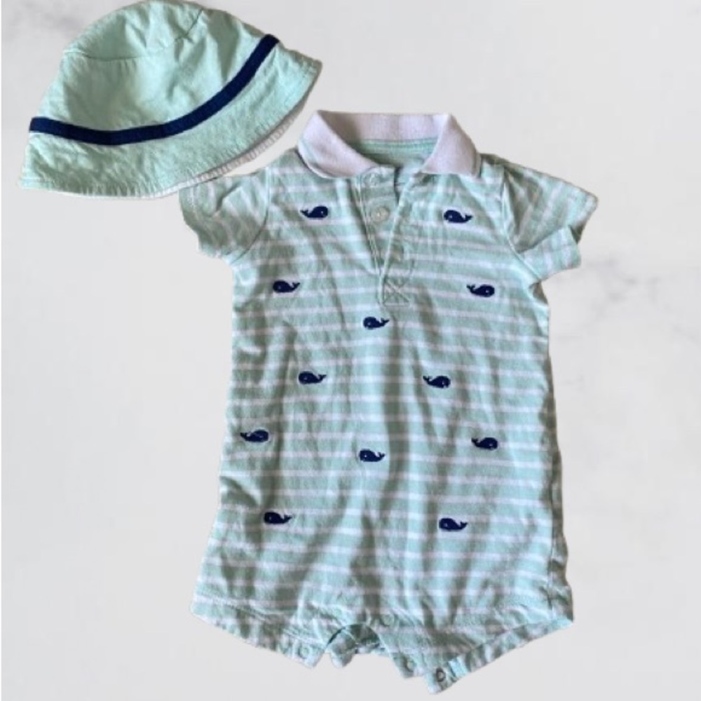 Mint Green Striped Baby Romper with Hat